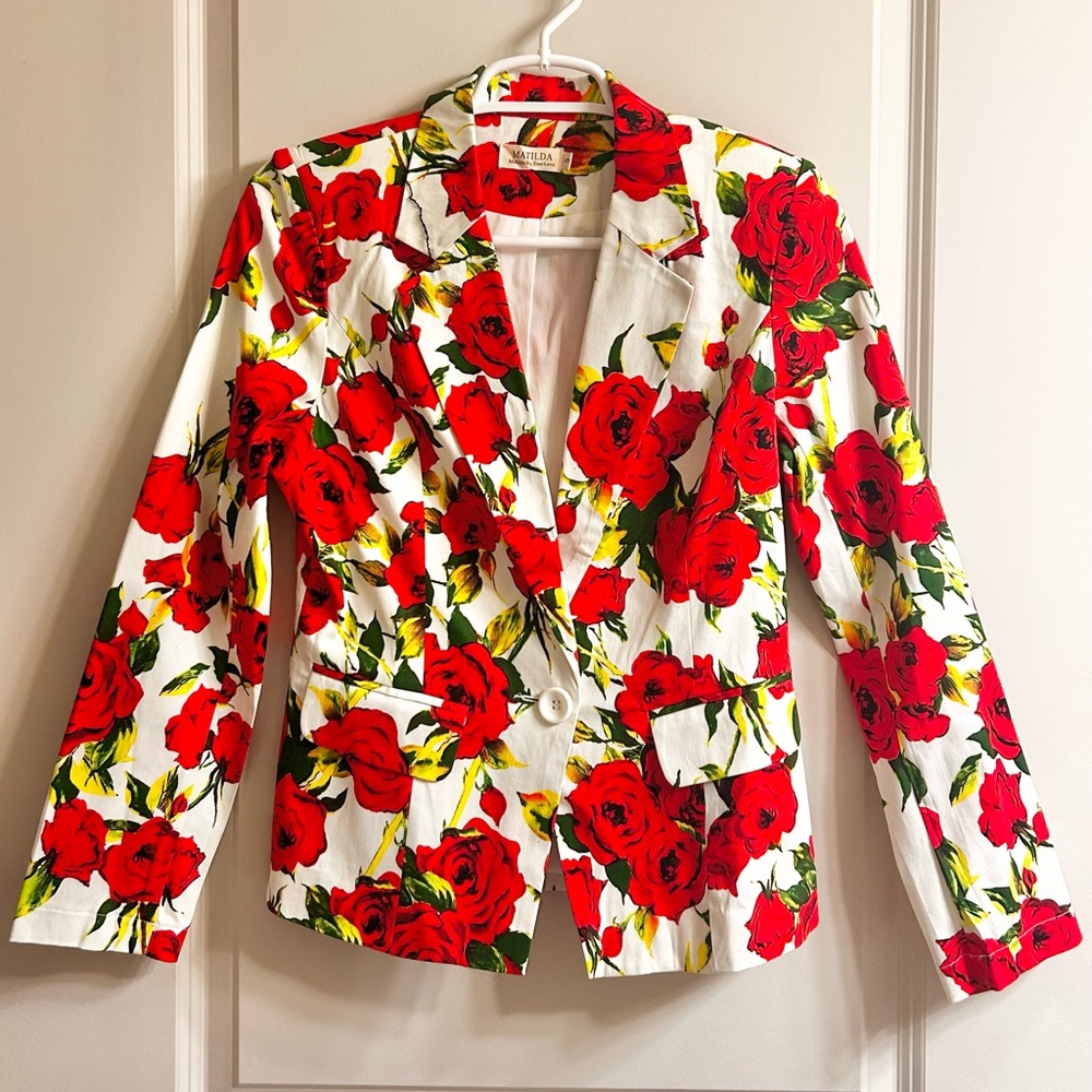 Vibrant Floral Blazer with Red Roses